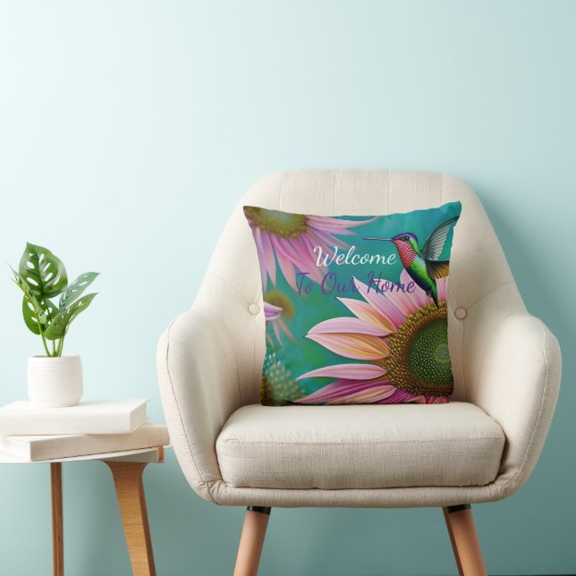 Coussin Colibri et tournesol rose BIENVENUE (Chaise)