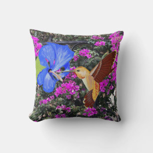 Coussin Colibri, Hibiscus Bleu & Bougainvilliers