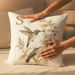 Coussin Colibri Initial – Cadeau Floral Vintage pour Elle