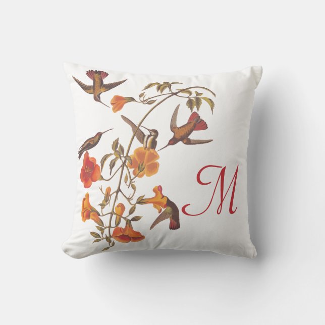 Coussin Colibris à la vigne de trompette orange (Recto)