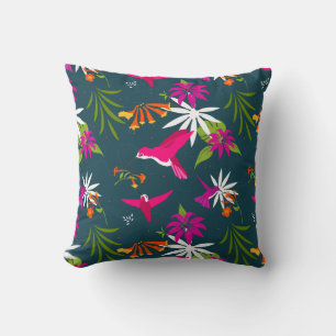 Coussin Colibris et fleurs tropicales