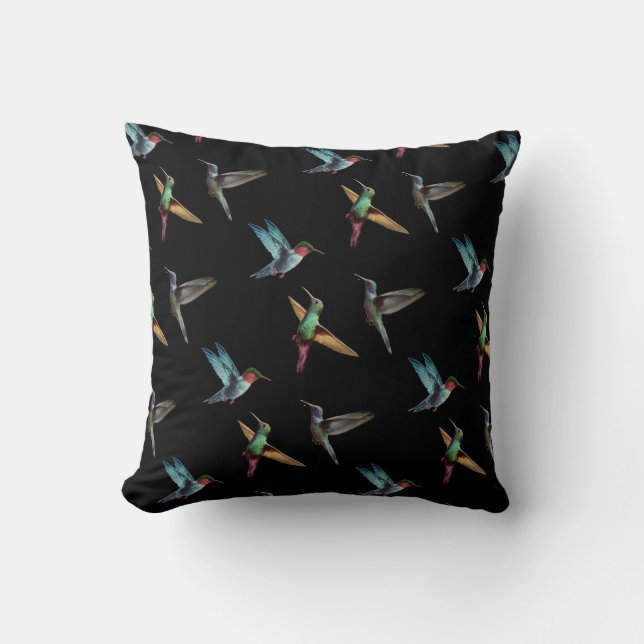 Coussin Colibris multicolores sur noir (Recto)