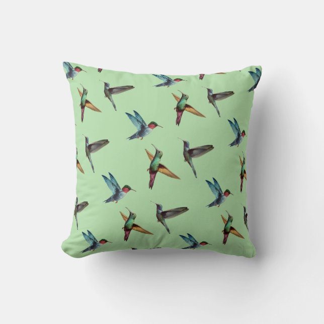 Coussin Colibris multicolores sur vert olive (Recto)