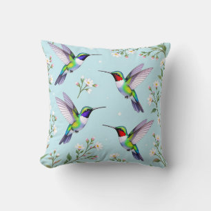 Coussin Colibris Vibrants et Fleurs de Cerisier Blanches