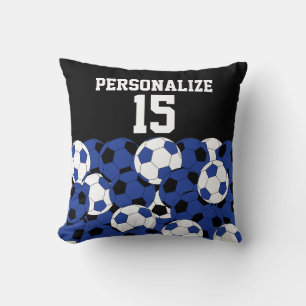 Coussin Collage de balle de soccer bleu foncé Nom et num