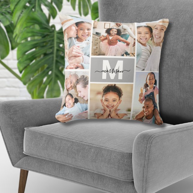 Coussin Collage de famille personnalisé avec monogramme et (Custom Monogram Multi Photo Collage Family Throw Pillow)