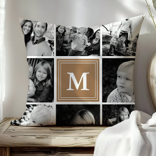 Coussin Collage de photos de famille au monogramme marron 
