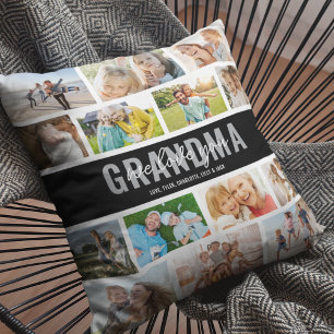 Coussin Collage de photos de grand-mère noir Love You