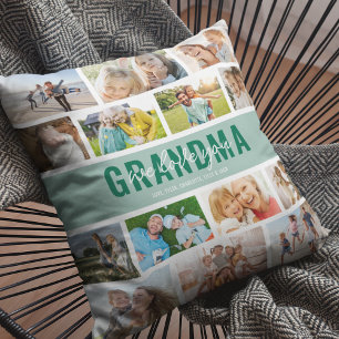 Coussin Collage de photos de grand-mère vert Je t'aime