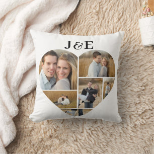 Coussin Collage de photos du coeur monogramme noir et blan