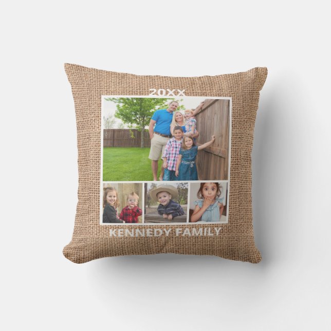 Coussin  Collage de photos Nom de famille Rustic Burlap (Recto)
