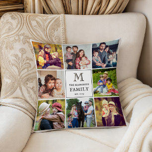 Coussin Collage de photos personnalisé carré noir Monogram