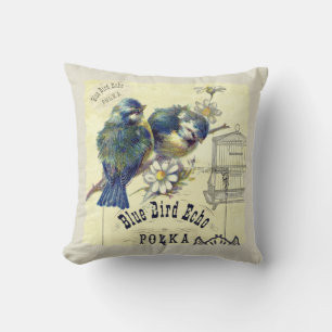 Coussin Collage d'oiseaux bleu vintage