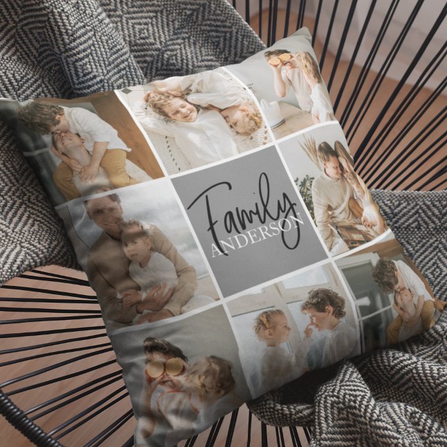 Coussin Collage familial photo et cadeau gris personnalisé (Créateur téléchargé)