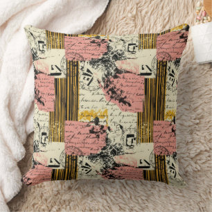 Coussin Collage Grunge Vintage Magenta Moutarde Noir Crème