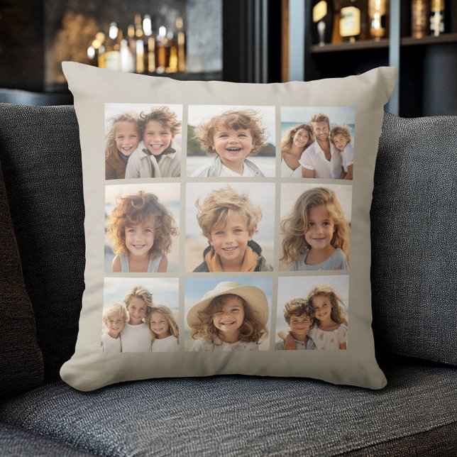 Coussin Collage photo avec 9 photos carrés - Taupe (Custom Photo Collage Pillow)