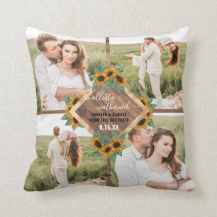 Coussin Collage photo couple blanc or tournesol romantique
