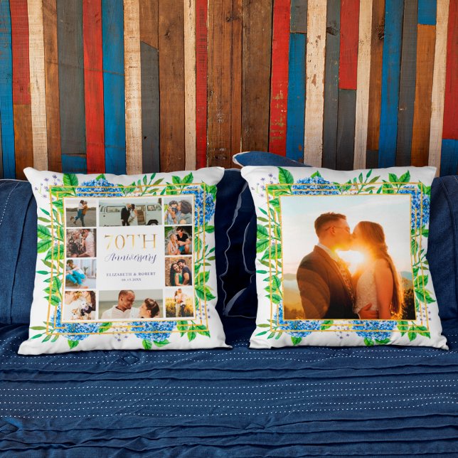Coussin Collage photo d'anniversaire 70 ans Hydrangea bleu (Créateur téléchargé)