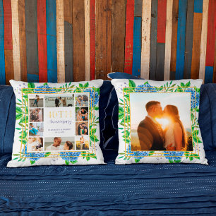 Coussin Collage photo d'anniversaire de 40 ans Blue Hydran