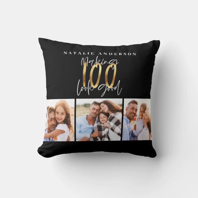 Coussin Collage photo de 100e anniversaire noir et or   (Recto)