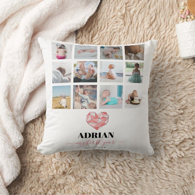 Coussin Collage photo de la première année de bébé en form (Couverture)