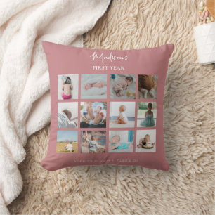 Coussin Collage photo de la première année de bébé Stats d