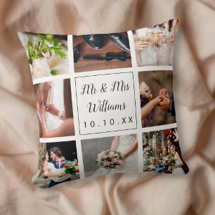 Coussin Collage photo de mariage personnalisé élégant