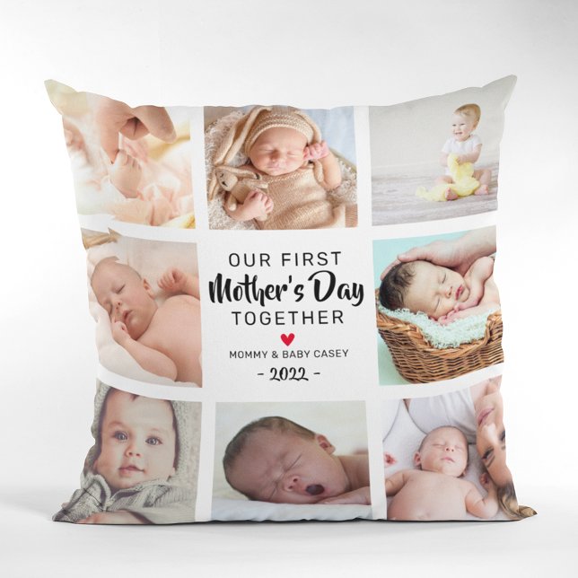 Coussin Collage photo de notre première fête des mères (Créateur téléchargé)