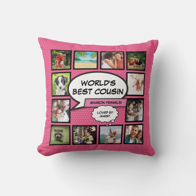 Coussin Collage photo du meilleur cousin du monde rose fém (Recto)