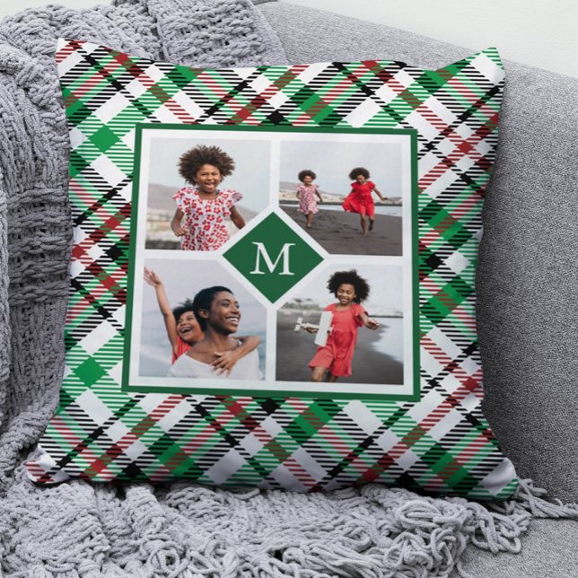 Coussin Collage photo et monogramme vert de vacances (Créateur téléchargé)