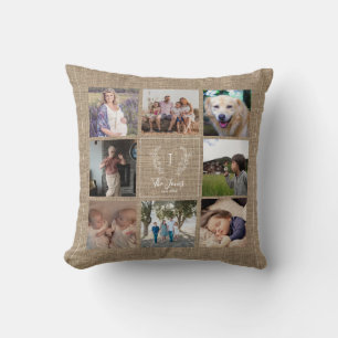 Coussin Collage photo familial 8 monogramme nom rustique t
