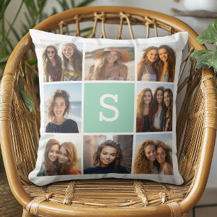 Coussin Collage photo Monogramme personnalisé Vert menthe