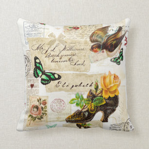 Coussin Collage vintage Girly de mode d'éphémères avec le