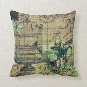 Coussin Collage vintage w/Bird et jardin de cage à oiseau