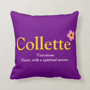 Coussin Collette nom signifiant fleurs violet jaune rose