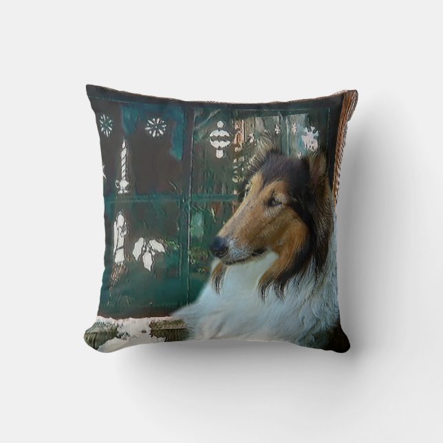 Coussin Collie de Noël à la fenêtre (Recto)