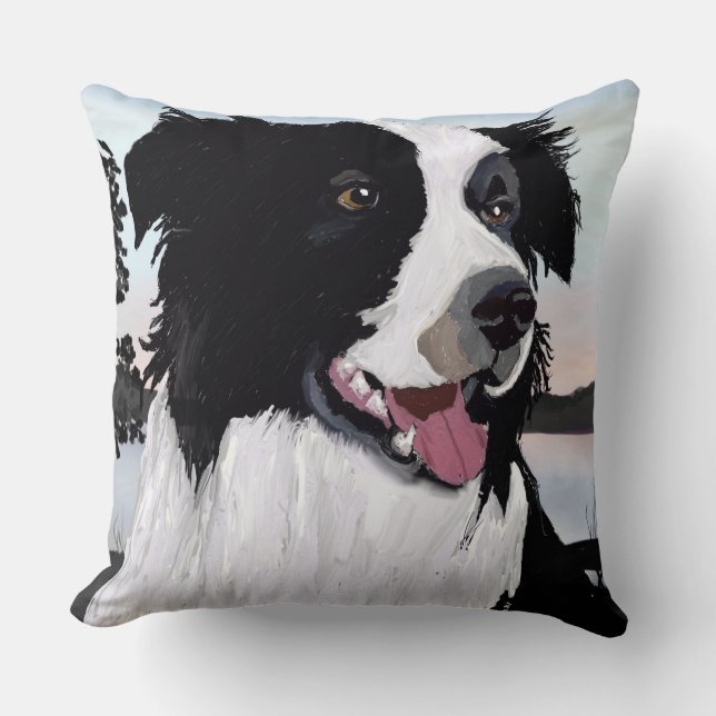 Coussin Collie frontalier noir et blanc au lever du soleil (Recto)