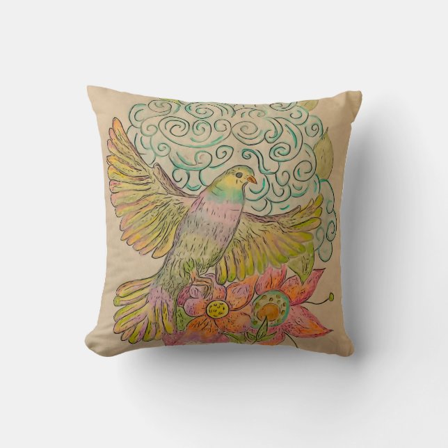 Coussin Colombe arc-en-ciel et florales (Recto)