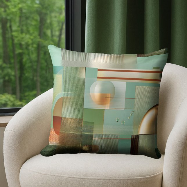 Coussin Colorful Modern Abstract Teal Gold  (Pillow featuring a modern Bauhaus style abstract design in green, teal and gold.)