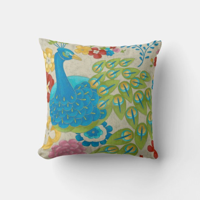 Coussin Colorful Peacock et Fleurs (Recto)