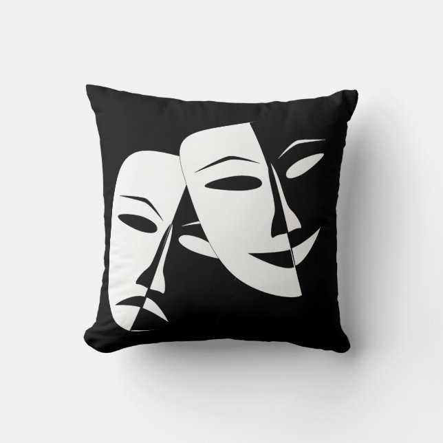 Coussin Comédie Tragédie Masque de théâtre noir et blanc (Recto)