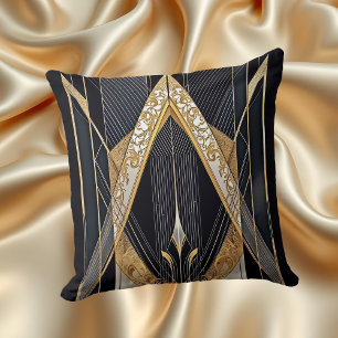 Coussin Conception de dentelle géométrique noir or vieilli