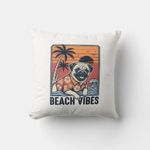 Coussin Conception de gravure vintage pug ambiance plage_1