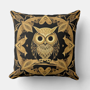 Coussin Conception de mandala de hibou décoratif en or