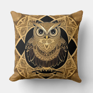 Coussin Conception de mandala de hibou décoratif en or