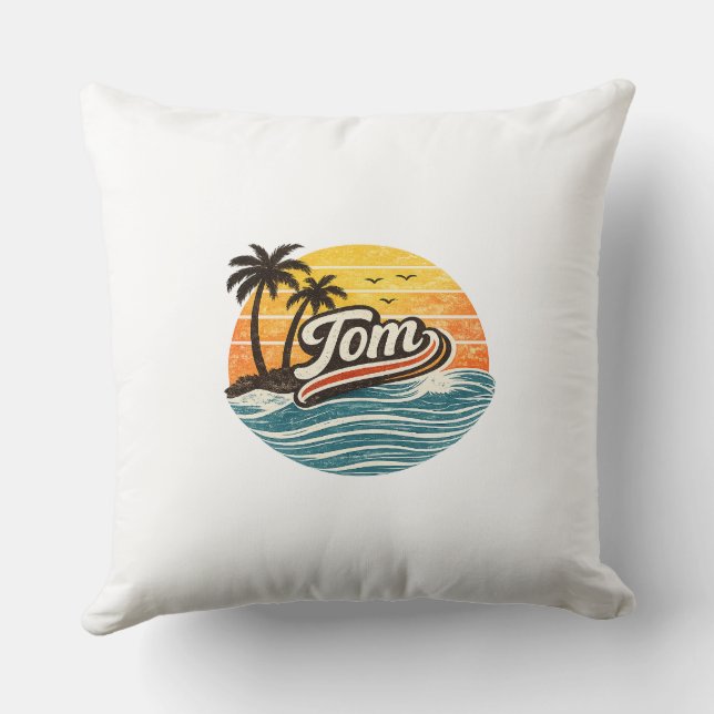 Coussin Conception de nom de coucher de soleil rétro Tom (Verso)