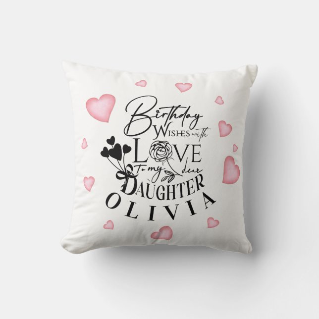 Coussin Conception de texte d'anniversaire de fille aux cœ (Recto)