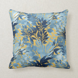 Coussin Conception du feuillage jaune bleu métallique tro