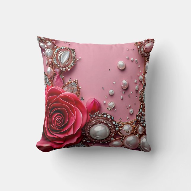 Coussin 🌹 Conception Florale de Perle de Rose Rouge pour  (Recto)