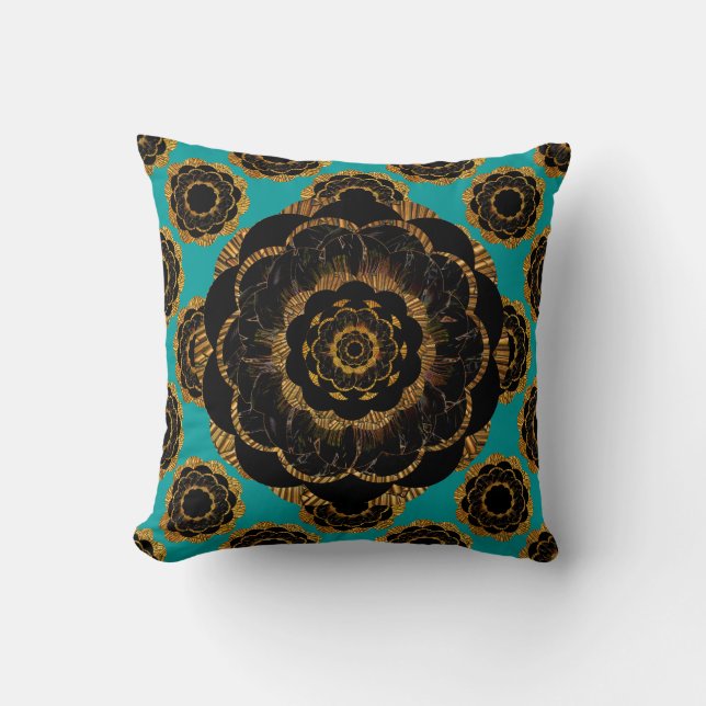 Coussin Conception noire de mandala d'or jaune - Aqua (Recto)